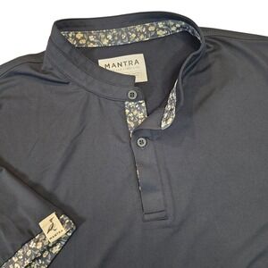 Mantra Mens L Polo Shirt S/S Navy Blue Floral Trim Mandarin Collar Performance
